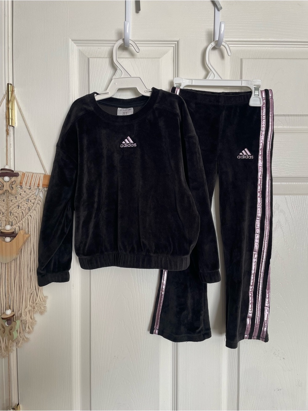 Adidas Girls 3T Black Ribbed Velvet Set with Purple Stripes Flare Pants